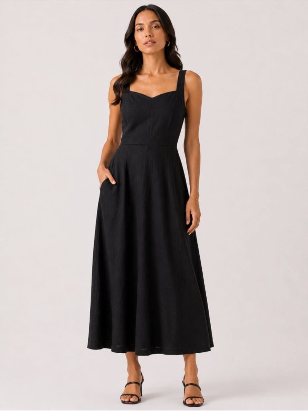 New! OLD NAVY Black Linen Midi Dress Sweetheart Neck XL